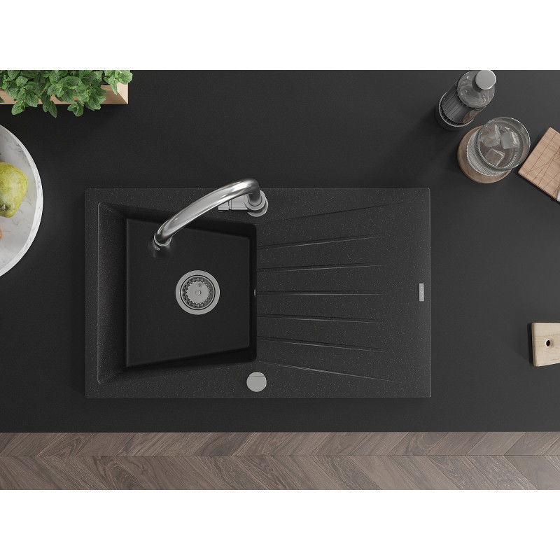 Mexen Cesar Granitspüle 1-beckig mit Abtropffläche und Küchenarmatur Elia, schwarz/silber metallic - 6514-73-670101-00