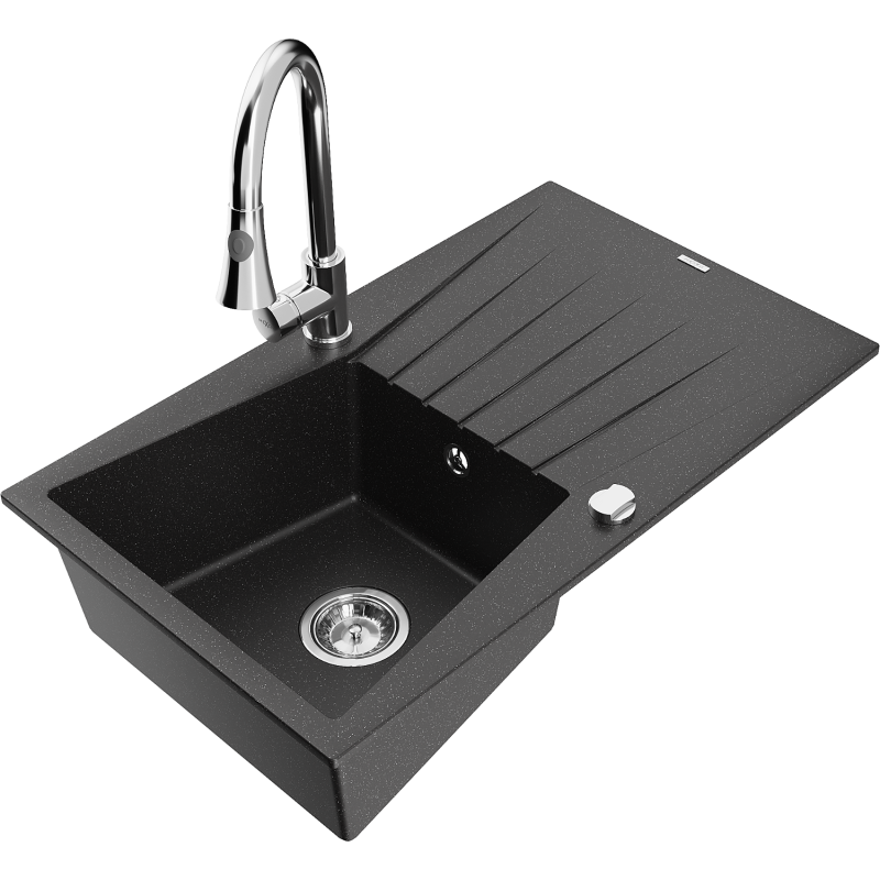 Mexen Cesar granieten spoelbak met 1 bak, afdruiprek en keukenmengkraan Elia, zwart/zilver metallic - 6514-73-670101-00