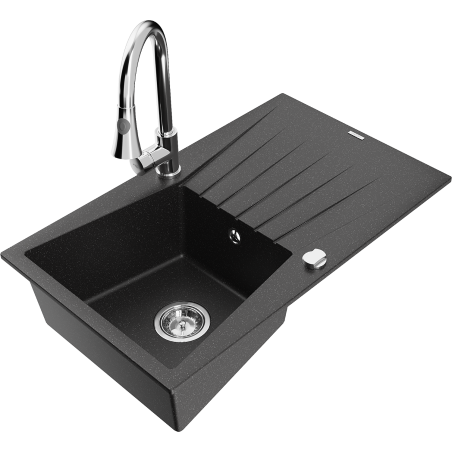 Mexen Cesar granieten spoelbak met 1 bak, afdruiprek en keukenmengkraan Elia, zwart/zilver metallic - 6514-73-670101-00