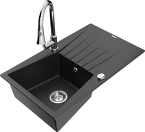 Mexen Cesar granite 1-bowl sink with drainer and Elia kitchen faucet, black/silver metallic - 6514-73-670101-00