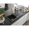 Mexen Cesar granitische gootsteen 1-kamer met afdruiprek en keukenmengkraan Elia, zwart/zilver metallic - 6514-73-670101-50