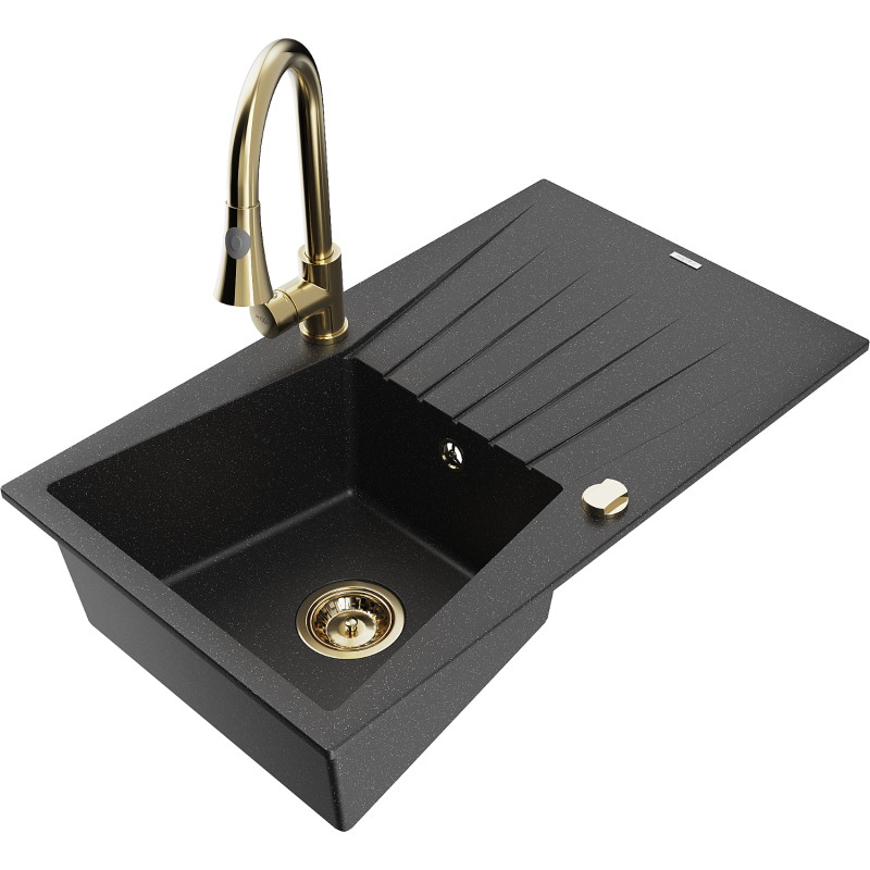 Mexen Cesar Granit-Spüle, 1-Becken mit Abtropffläche und Küchenarmatur Elia, schwarz/silber metallic - 6514-73-670101-50