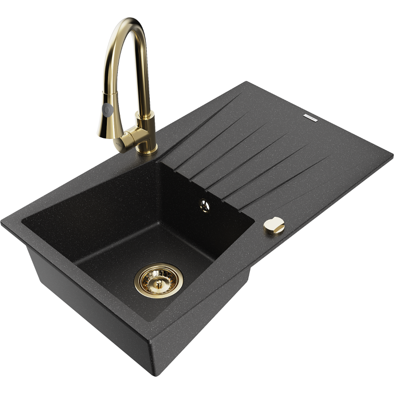 Mexen Cesar Granitspüle 1-Becken mit Abtropffläche und Küchenarmatur Elia, schwarz/silber metallic - 6514-73-670101-50