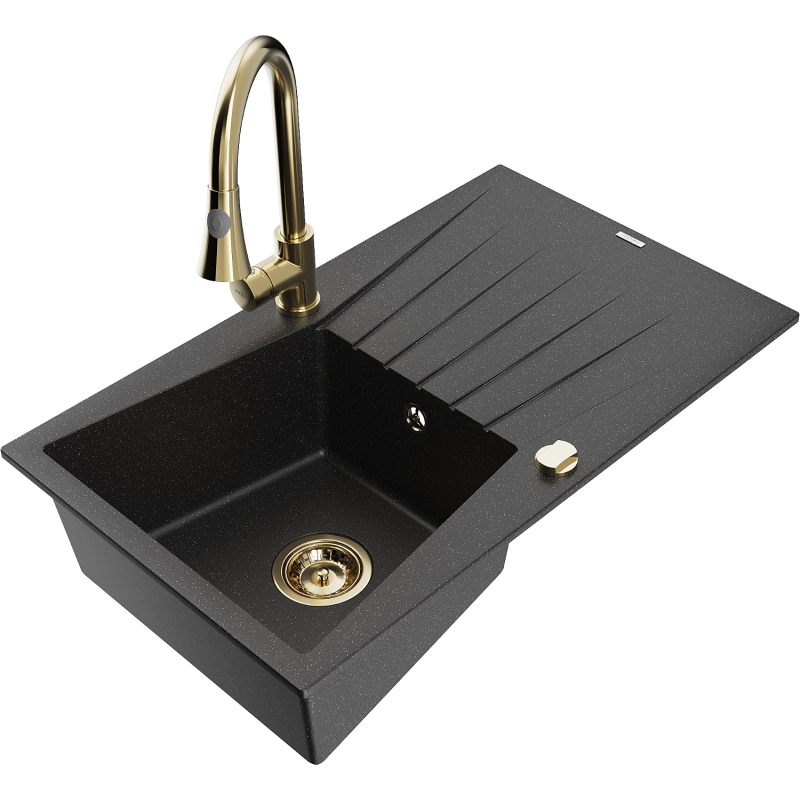 Mexen Cesar lava-loiça de granito de 1 bacia com escorredor e torneira de cozinha Elia, preto/metálico prateado