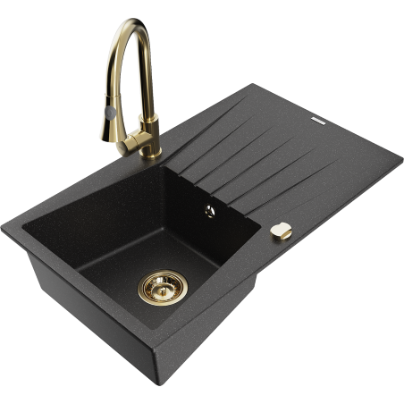 Mexen Cesar fregadero de granito de 1 cubeta con escurridor y grifo de cocina Elia, negro/plateado metálico - 6514-73-670101-50