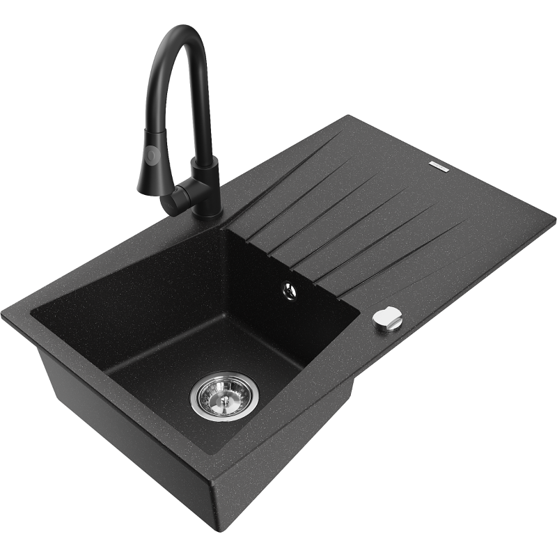 Mexen Cesar graniittinen 1-kammioinen tiskiallas valutusalueella ja keittiöhanalla Elia, musta/hopeinen metalli