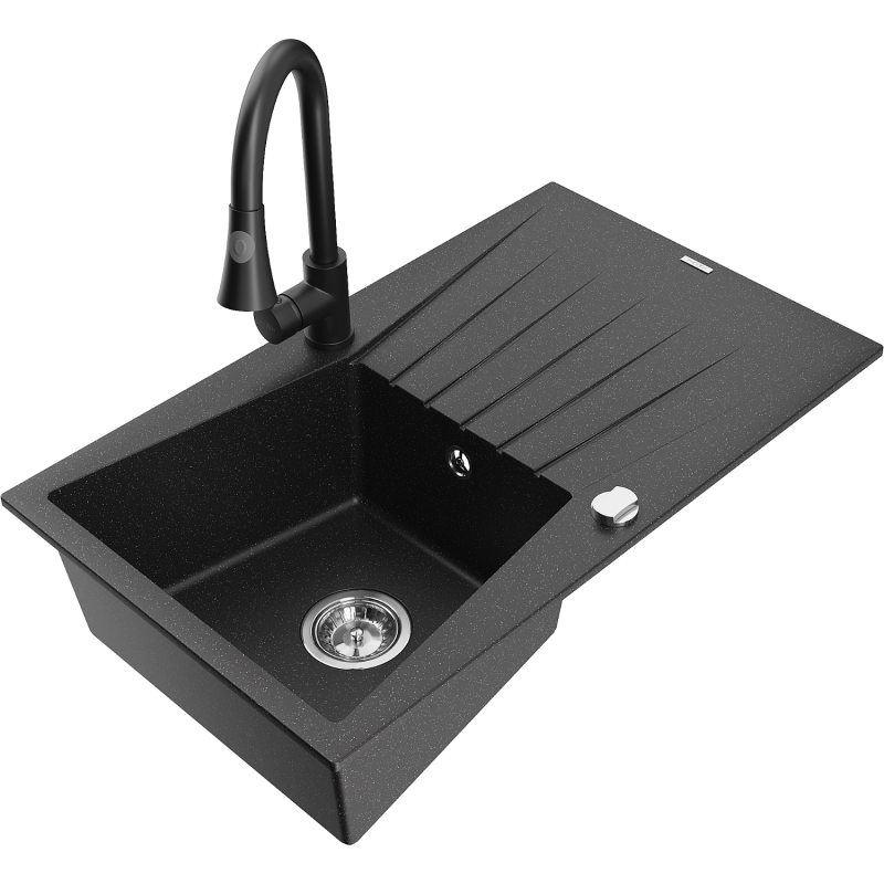 Mexen Cesar Granitspüle 1-Becken mit Abtropffläche und Küchenarmatur Elia, schwarz/silber metallic - 6514-73-670101-70