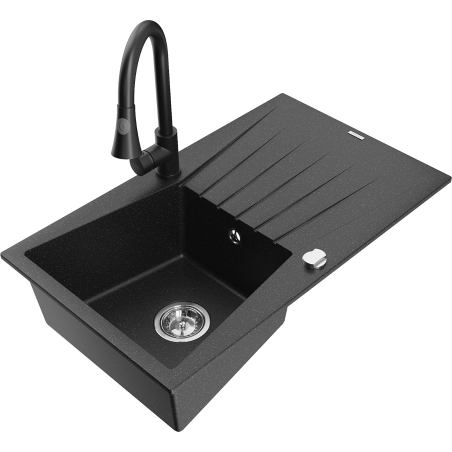 Mexen Cesar granitizlietne ar vienu nodalījumu ar pilienu paplāti un virtuves jaucējkrānu Elia, melns/sudraba metālisks