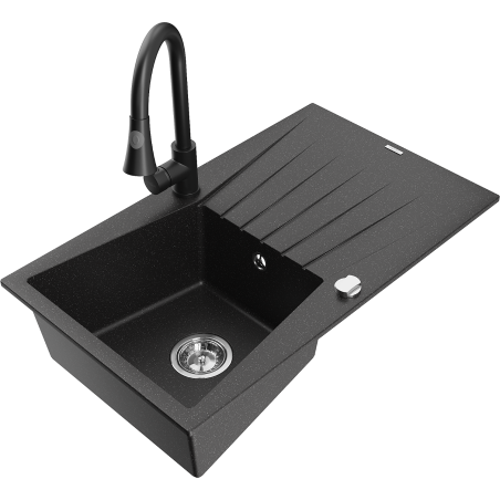 Mexen Cesar Granitspüle 1-Becken mit Abtropffläche und Küchenarmatur Elia, schwarz/silber metallic - 6514-73-670101-70
