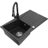 Mexen Cesar Granitspüle 1-Becken mit Abtropffläche und Küchenarmatur Elia, schwarz/silber metallic - 6514-73-670101-70