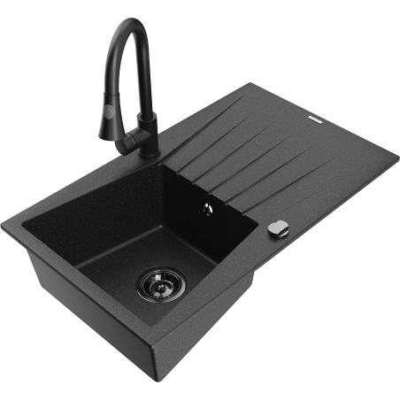Mexen Cesar granite sink 1-bowl with drainer and Elia kitchen tap, black/silver metallic - 6514-73-670101-70-B