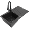 Mexen Cesar fregadero de granito de 1 cubeta con escurridor y grifo de cocina Elia, negro/plata metálica - 6514-73-670101-70-B