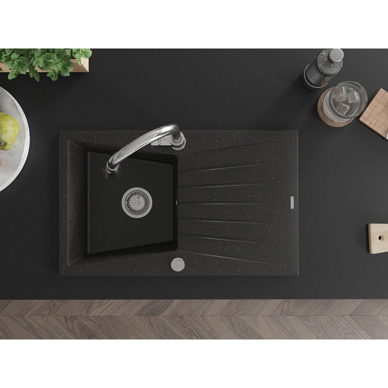 Mexen Cesar fregadero de granito 1-cubo con escurridor y grifo de cocina Elia, negro/dorado metálico - 6514-75-670101-00