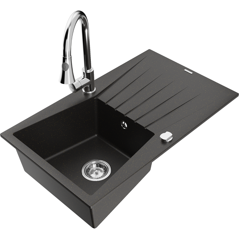 Mexen Cesar fregadero de granito 1-cubo con escurridor y grifo de cocina Elia, negro/dorado metálico - 6514-75-670101-00