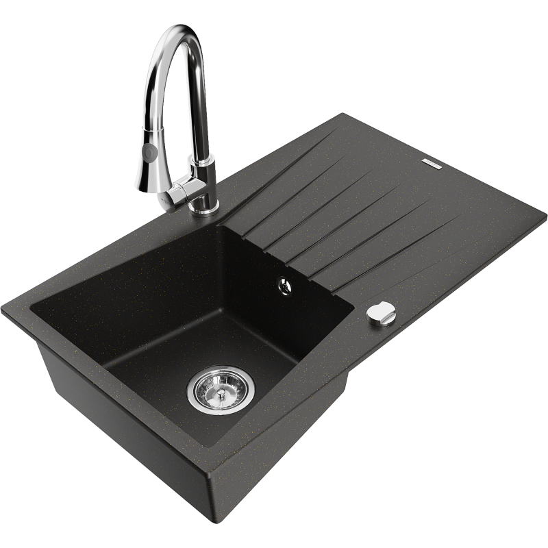 Mexen Cesar Granitspüle 1-Becken mit Abtropffläche und Küchenarmatur Elia, schwarz/goldmetallik - 6514-75-670101-00