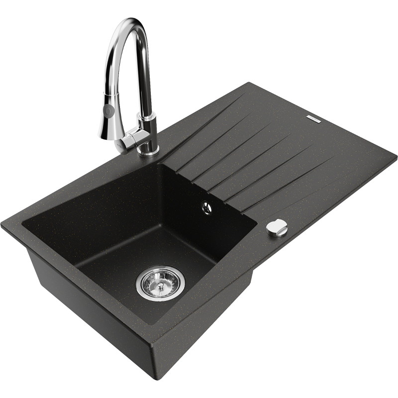 Mexen Cesar Granitspüle 1-beckig mit Abtropffläche und Küchenarmatur Elia, schwarz/gold metallic - 6514-75-670101-00