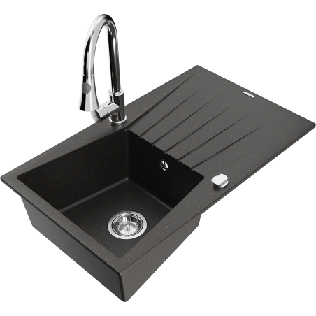 Mexen Cesar Granitspüle 1-Becken mit Abtropffläche und Küchenarmatur Elia, schwarz/goldmetallik - 6514-75-670101-00