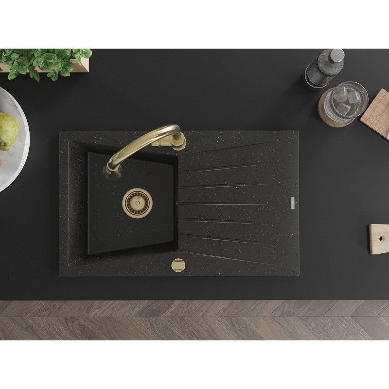 Mexen Cesar Granitspüle 1-becken mit Abtropffläche und Küchenarmatur Elia, schwarz/gold metallic - 6514-75-670101-50