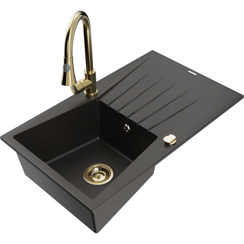 Mexen Cesar Granitdiskbänk med 1-ho, avrinningsyta och köksblandare Elia, svart/guld metallic - 6514-75-670101-50