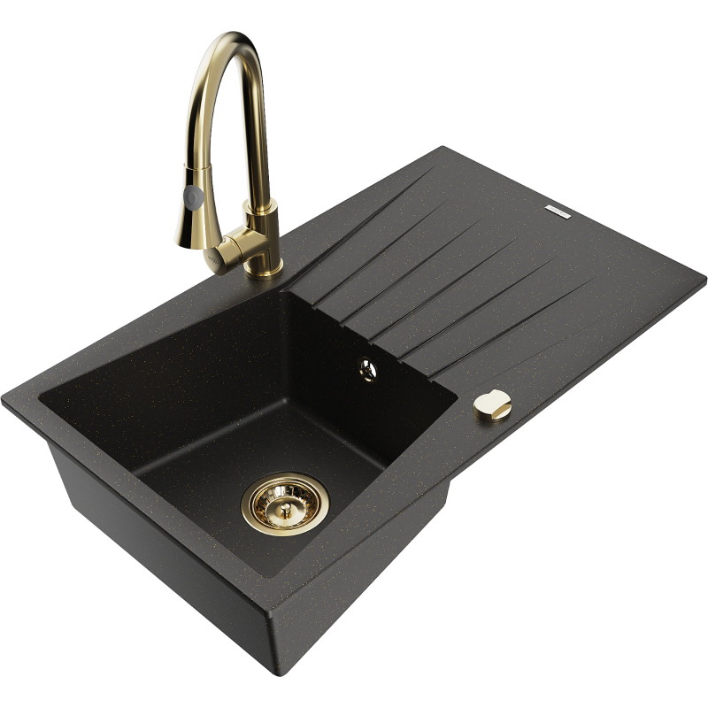 Mexen Cesar granitische spoelbak 1-komorige met afdruiprek en keukenkraan Elia, zwart/gouden metallic - 6514-75-670101-50