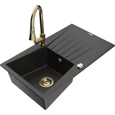 Mexen Cesar granieten spoelbak 1-kompartment met afdruiprek en keukenmengkraan Elia, zwart/goud metallic - 6514-75-670101-50