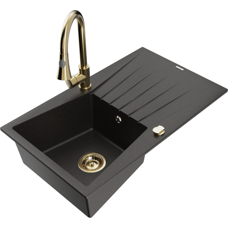 Mexen Cesar granite sink 1-bowl with drainer and Elia kitchen tap, black/gold metallic - 6514-75-670101-50