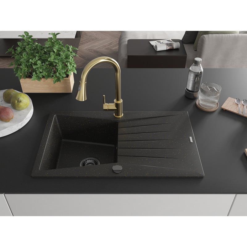 Mexen Cesar fregadero de granito de 1 cuenca con escurridor y grifo de cocina Elia, negro/dorado metálico - 6514-75-670101-50-B