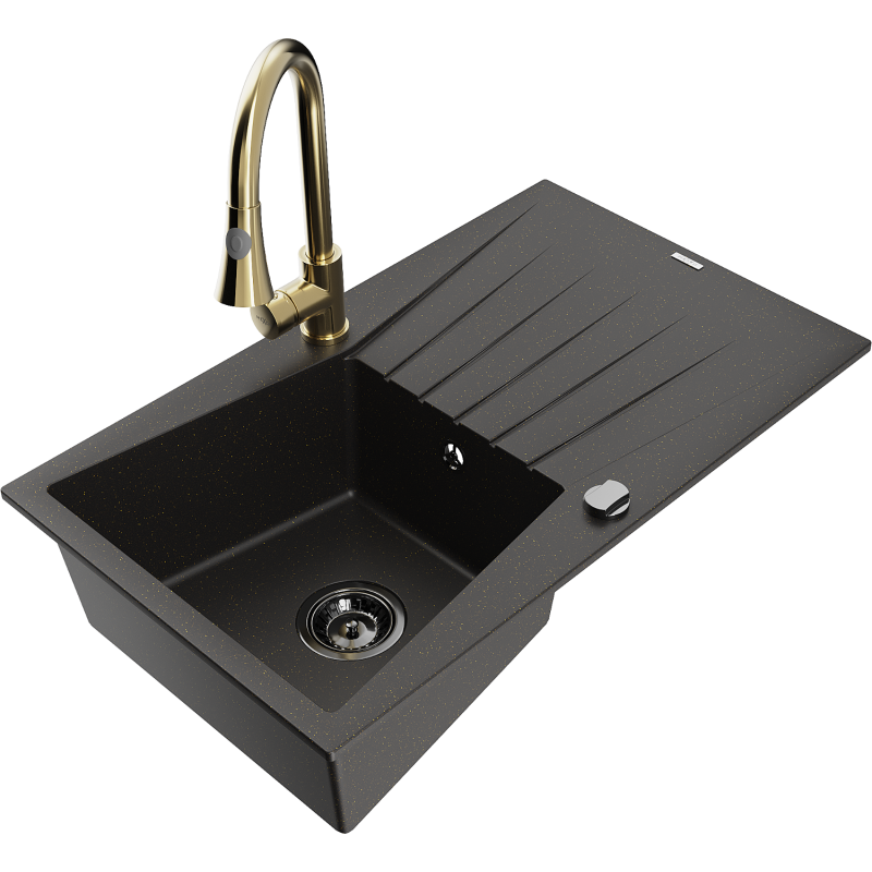 Mexen Cesar granieten spoelbak met 1 bak, afdruiprek en Elia keukenkraan, zwart/goud metallic - 6514-75-670101-50-B