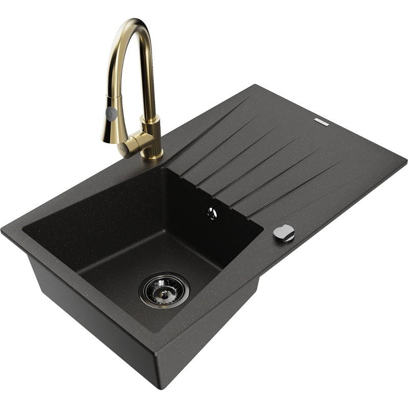Mexen Cesar granit aanrecht 1-komorige met afdruiprek en keukenmengkraan Elia, zwart/goud metallic - 6514-75-670101-50-B