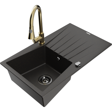 Mexen Cesar granieten spoelbak met 1 bak, afdruiprek en Elia keukenkraan, zwart/goud metallic - 6514-75-670101-50-B