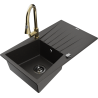 Mexen Cesar granite sink 1-bowl with drainer and Elia kitchen tap, black/gold metallic - 6514-75-670101-50-B