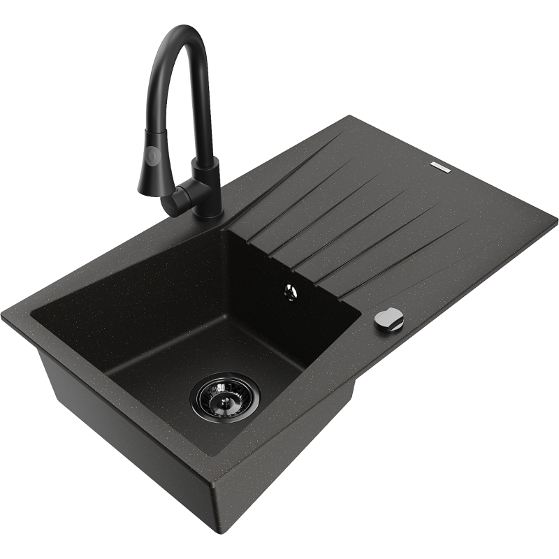 Mexen Cesar fregadero de granito de 1 cubeta con escurridor y grifo de cocina Elia, negro/dorado metálico - 6514-75-670101-70-B