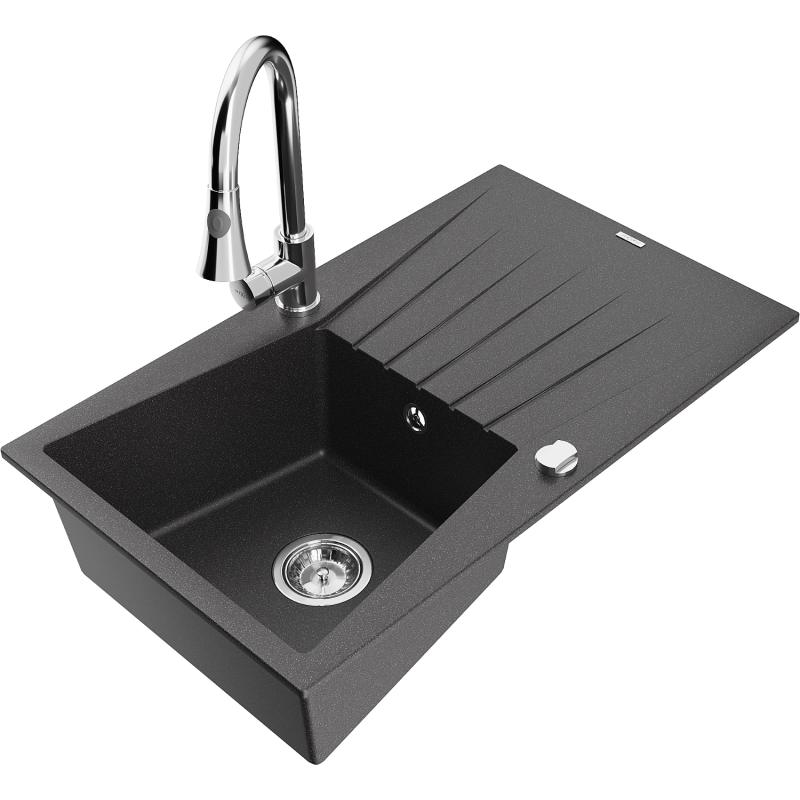 Mexen Cesar fregadero de granito de 1 cubeta con escurridor y grifo de cocina Elia, negro moteado - 6514-76-670101-00