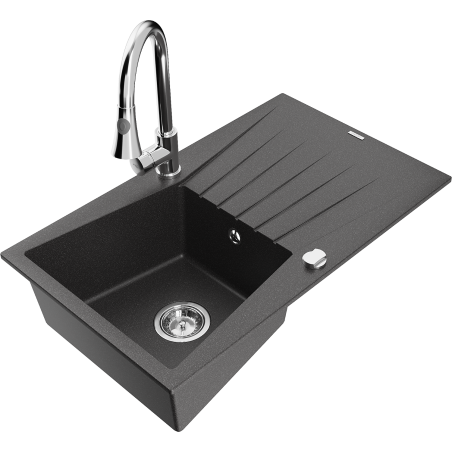 Mexen Cesar granitische gootsteen met 1 bak, afdruiprek en keukenmengkraan Elia, zwart gespikkeld - 6514-76-670101-00