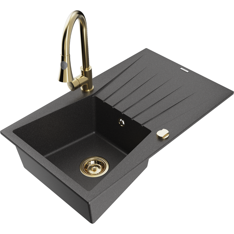 Mexen Cesar 1-kameru granīta izlietne ar noteces zonu un virtuves maisītāju Elia, melna ar plankumiņiem - 6514-76-670101-50