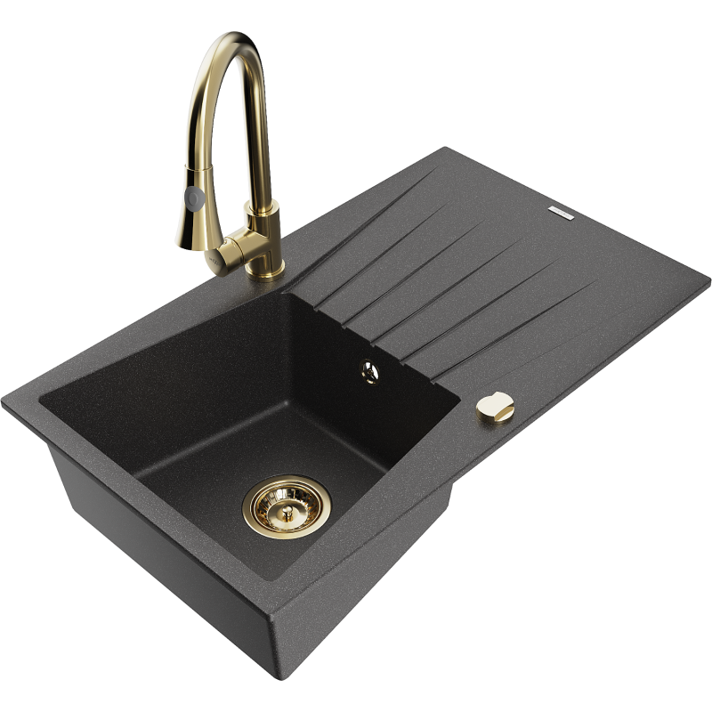 Mexen Cesar granite sink 1-bowl with drainer and Elia kitchen tap, black speckled - 6514-76-670101-50
