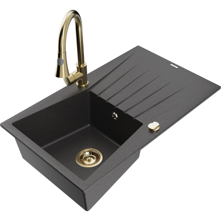 Mexen Cesar 1-kameru granīta izlietne ar noteces zonu un virtuves maisītāju Elia, melna ar plankumiņiem - 6514-76-670101-50