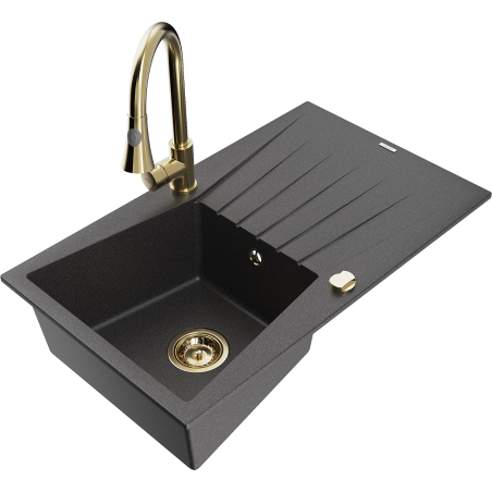 Mexen Cesar granite sink 1-bowl with drainer and Elia kitchen tap, black speckled - 6514-76-670101-50