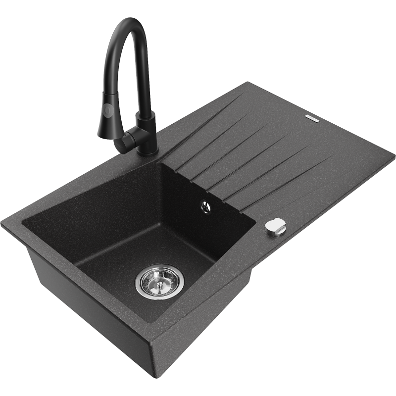 Mexen Cesar fregadero de granito de 1 cubeta con escurridor y grifo de cocina Elia, negro moteado - 6514-76-670101-70