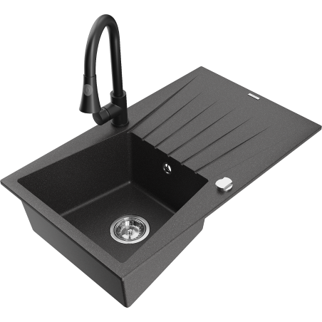 Mexen Cesar fregadero de granito de 1 cubeta con escurridor y grifo de cocina Elia, negro moteado - 6514-76-670101-70