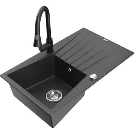 Mexen Cesar granieten gootsteen met 1 bak en afdruiprek en keukenmengkraan Elia, zwart gespikkeld - 6514-76-670101-70