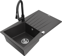 Mexen Cesar fregadero de granito de 1 cubeta con escurridor y grifo de cocina Elia, negro moteado - 6514-76-670101-70