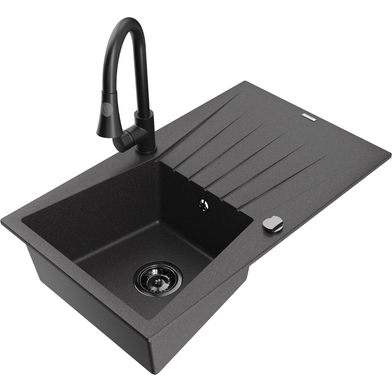 Mexen Cesar fregadero de granito de 1 cubeta con escurridor y grifo de cocina Elia, negro moteado - 6514-76-670101-70-B