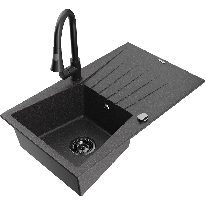 Mexen Cesar fregadero de granito de 1 seno con escurridor y grifo de cocina Elia, negro salpicado - 6514-76-670101-70-B