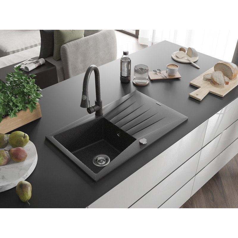 Mexen Cesar granit izlietne ar vienu nodalījumu ar noteces vietu un virtuves jaucējkrānu Elia, melns raibs