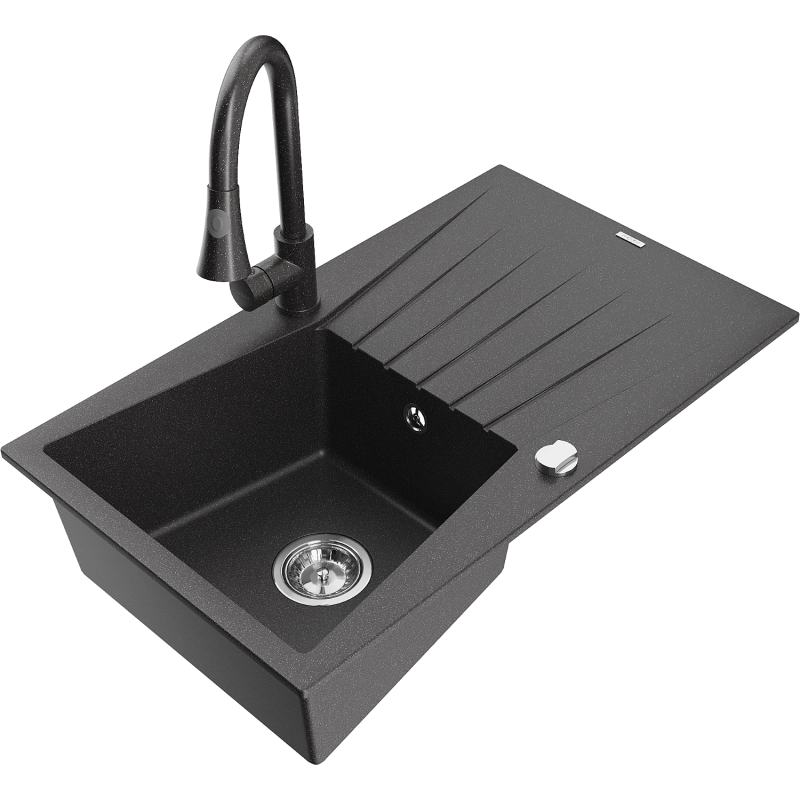 Mexen Cesar granitno pomivalno korito z 1 prekato in odcejalnikom ter kuhinjsko pipo Elia, črno s pikami - 6514-76-670101-76