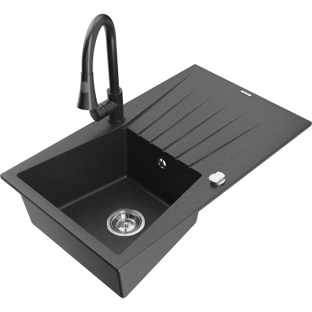 Mexen Cesar 1-bowl granite sink with drainer and Elia kitchen tap, black speckled - 6514-76-670101-76