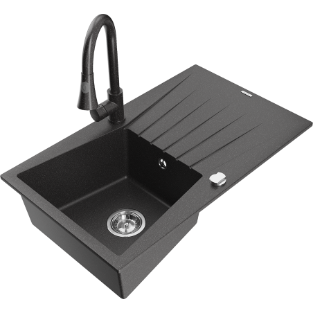 Mexen Cesar lava-louça de granito de 1 câmara com escorredor e torneira de cozinha Elia, preto salpicado - 6514-76-670101-76