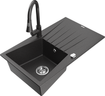 Mexen Cesar fregadero de granito de 1 cubeta con escurridor y grifo de cocina Elia, negro moteado - 6514-76-670101-76