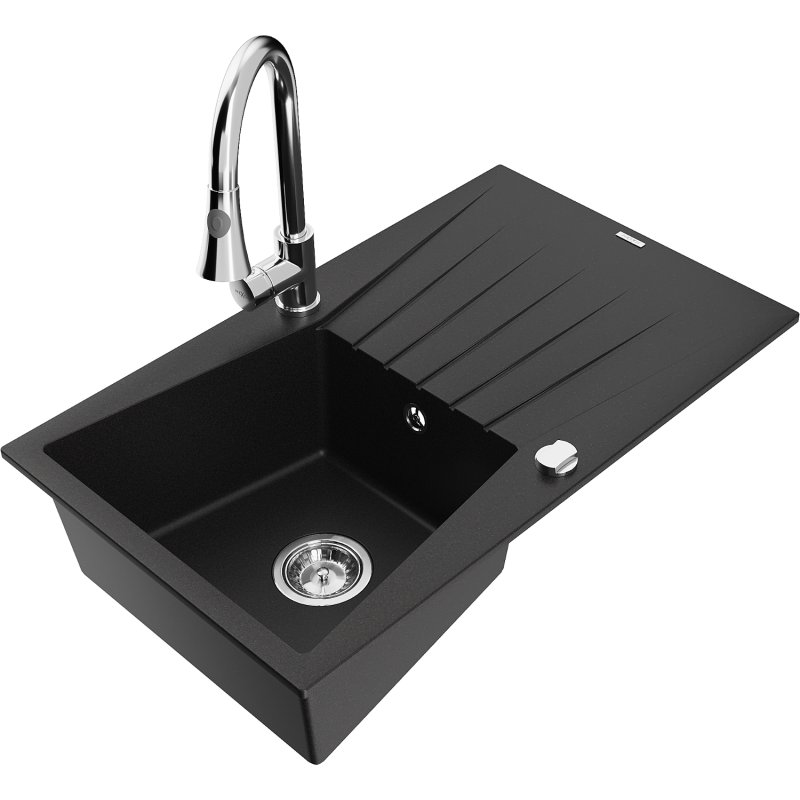 Mexen Cesar fregadero de granito de 1 cuenca con escurridor y grifo de cocina Elia, negro - 6514-77-670101-00